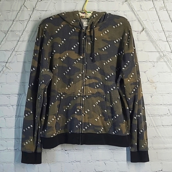 2018 Victoria's Secret PINK All Over Logo Spellout Army Camo Full Zip Hoodie L - Picture 4 of 17